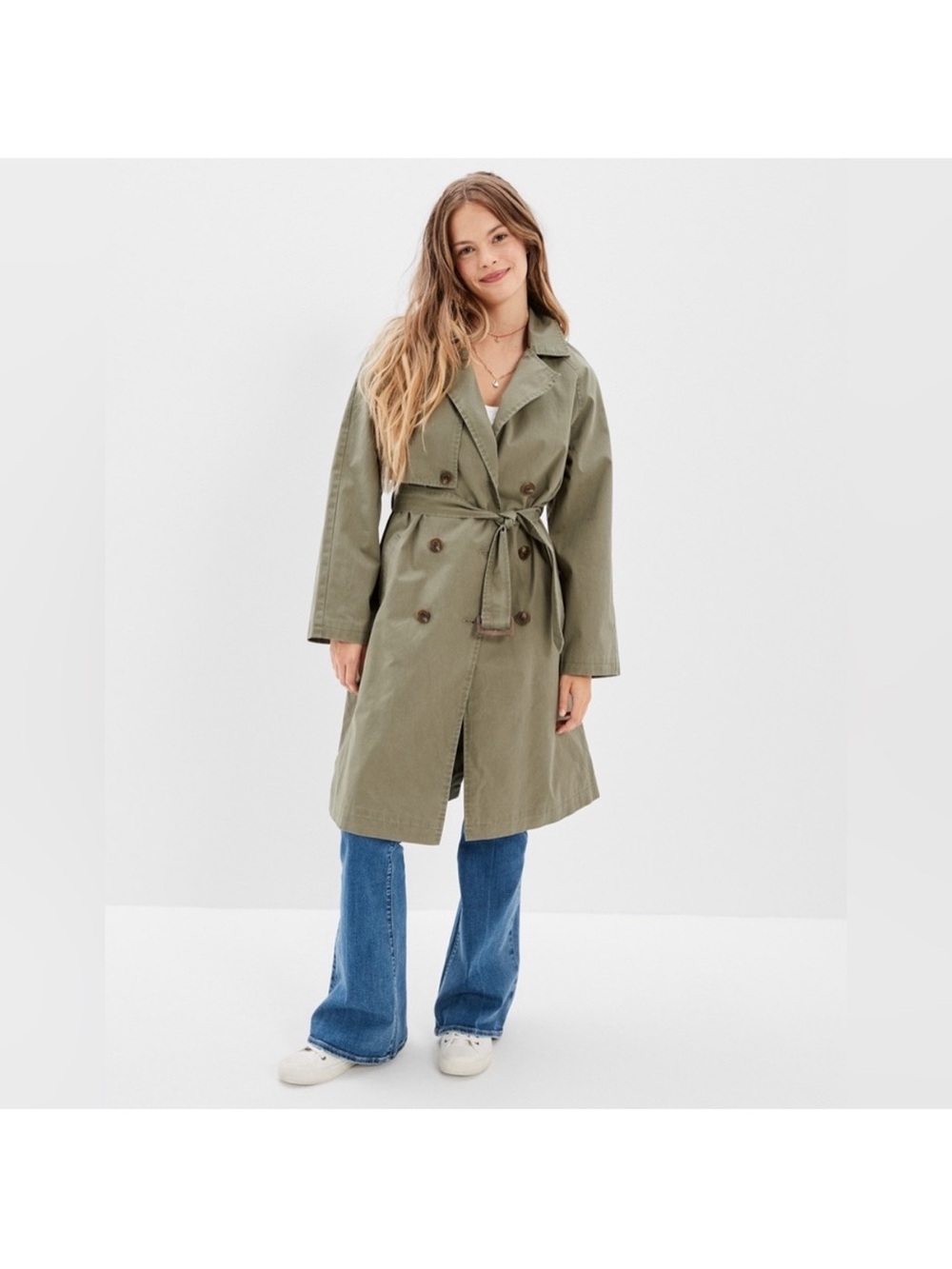 American Eagle Trench Coat Jacket Womens XXL Green Cotton Belted Double Breasted